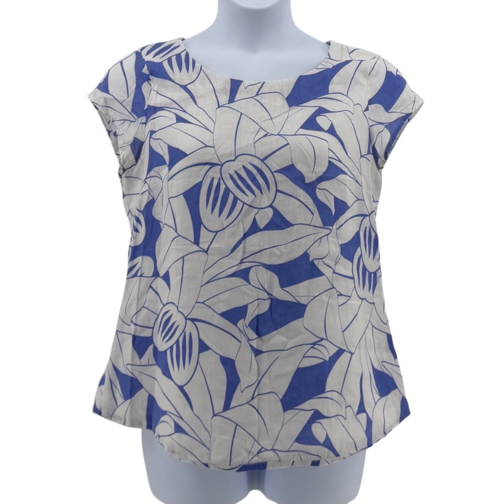 Island Company Linen Capricorn Shirt Women Blue White Floral Tropical Top L